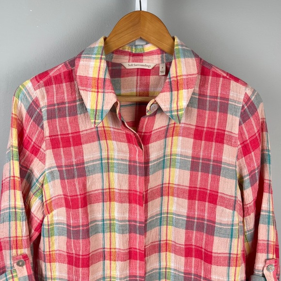 Soft Surroundings Shirt Top Womens‎ Small Pink Plaid 100% Linen Roll Tab Sleeve - Picture 3 of 7